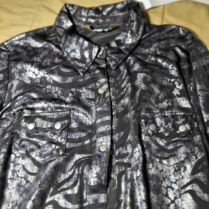 Roper Metallic Snakeskin Zebra  Western Snap Shirt Women’s Large Silver Black